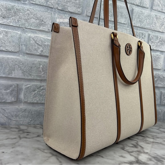 Tory Burch Blake Canvas Jumbo Tote In Natural Classic Cuoio - Picture 4 of 13